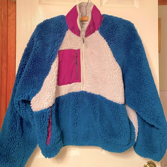 Stoic Sweaters - Stoic Sherpa Fleece Pullover Jacket – Colorblock Blue/White/Purple – Size M